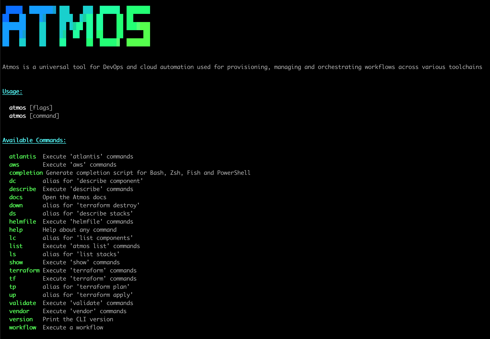 `atmos --help`